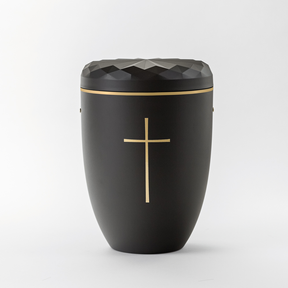 Urne UR5-ant Mohnkapsel anthrazit mit Symbol US 101 Kreuz gold Urne UR5-ant Mohnkapsel anthrazit mit Symbol US 101 Kreuz gold