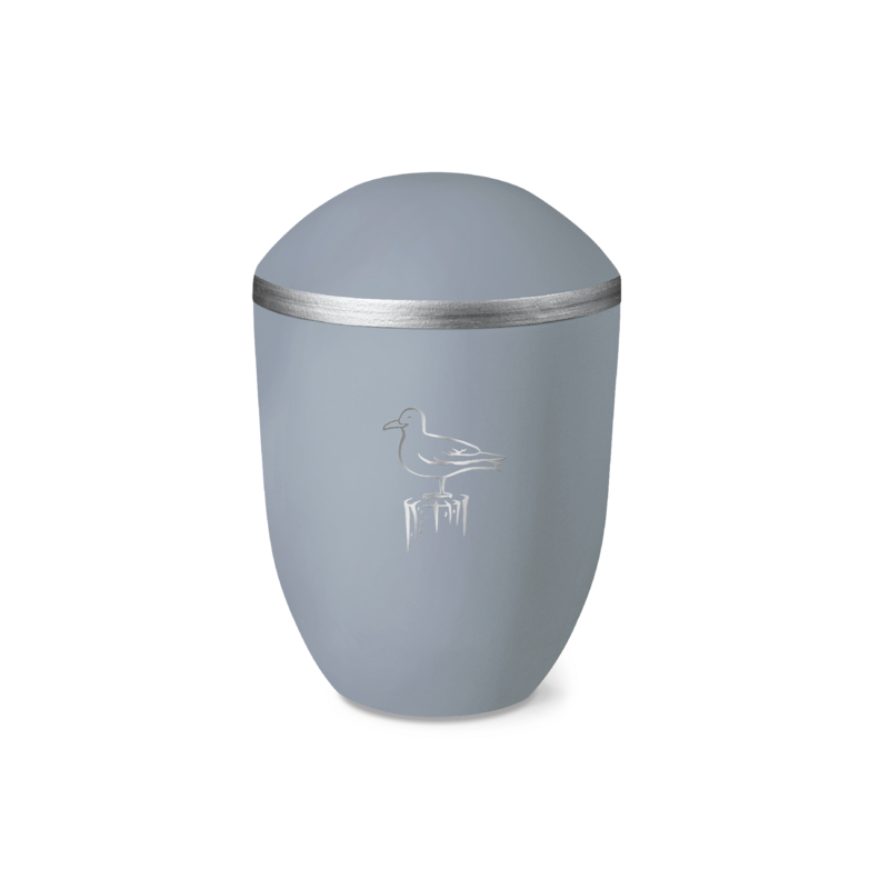 Urne 37900 PURE AQUA taubenblau silber mit Dekor 38247 SITZENDE MÖWE silber