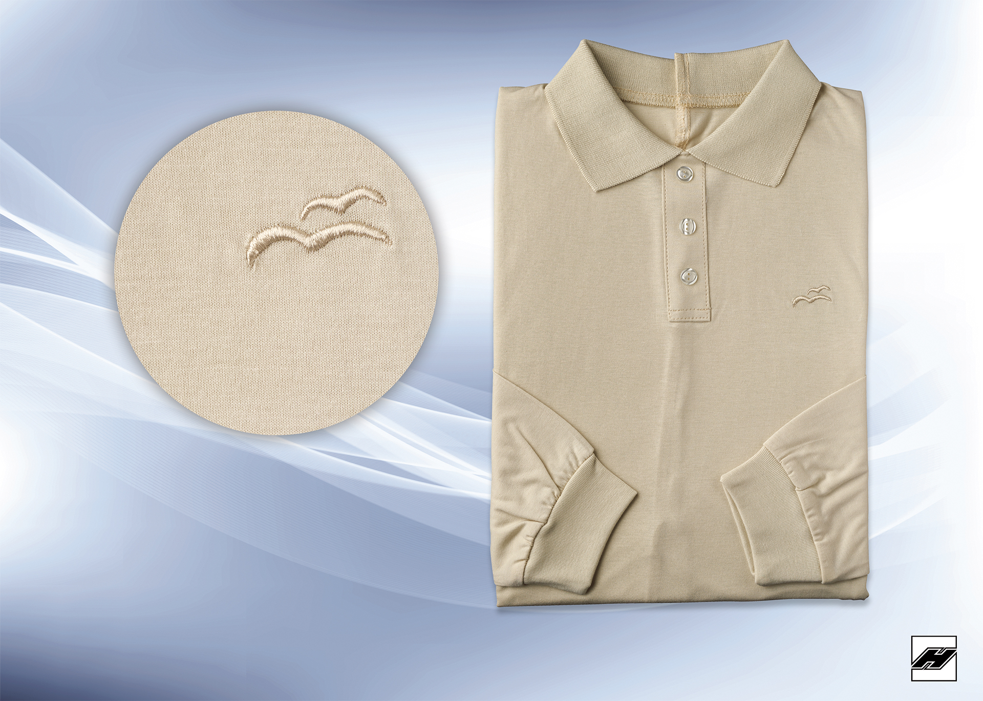 Herrenhemd 1090 Polo beige, Stickerei: fliegende Möwe
