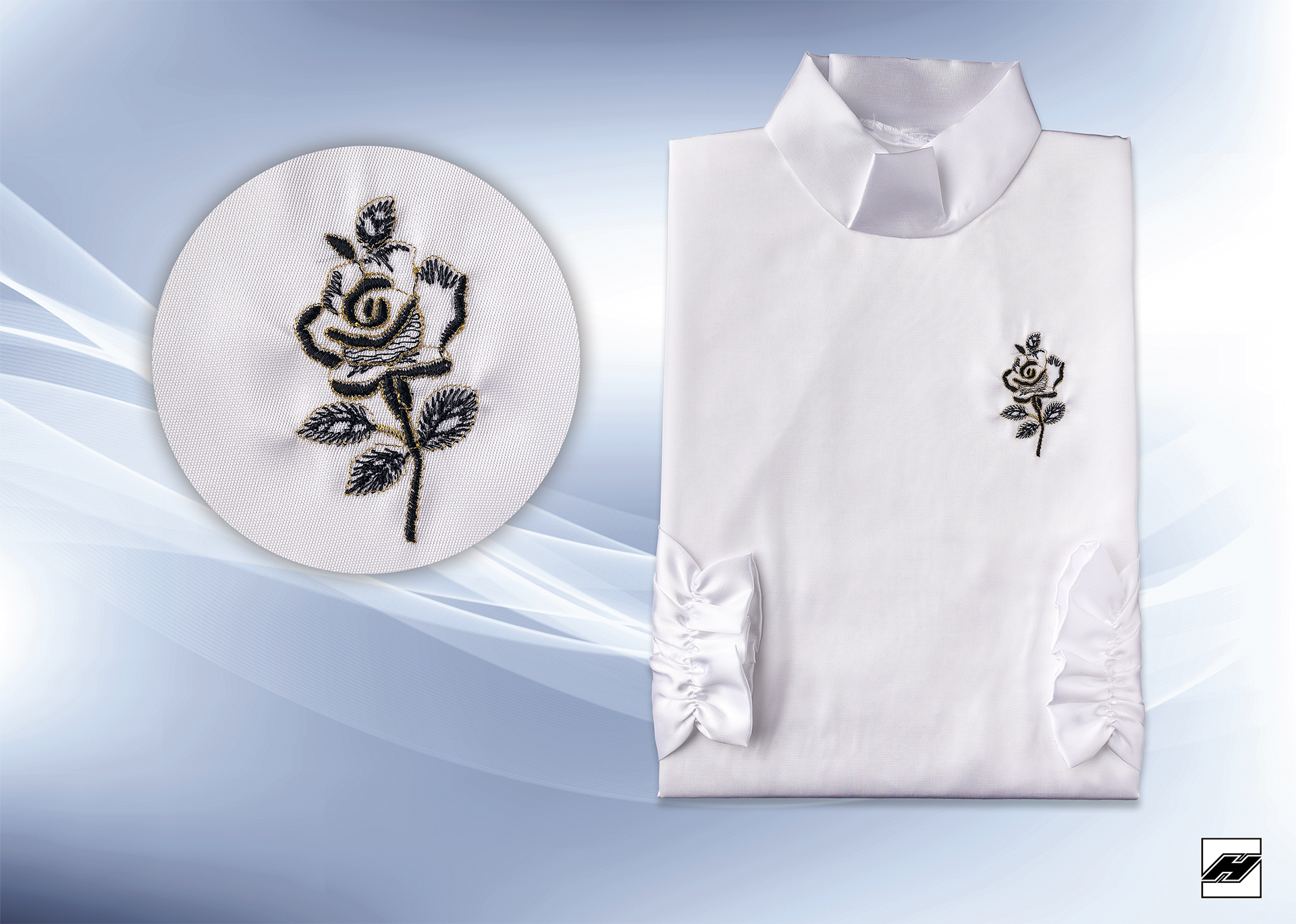 Damenkleid 229 KS weiß, Stehkragen, Stickerei: kleine schwarze Rose